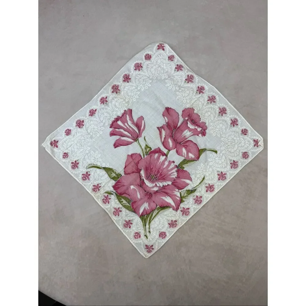 Vintage 1950s Pink Floral Hankie Handkerchief READ